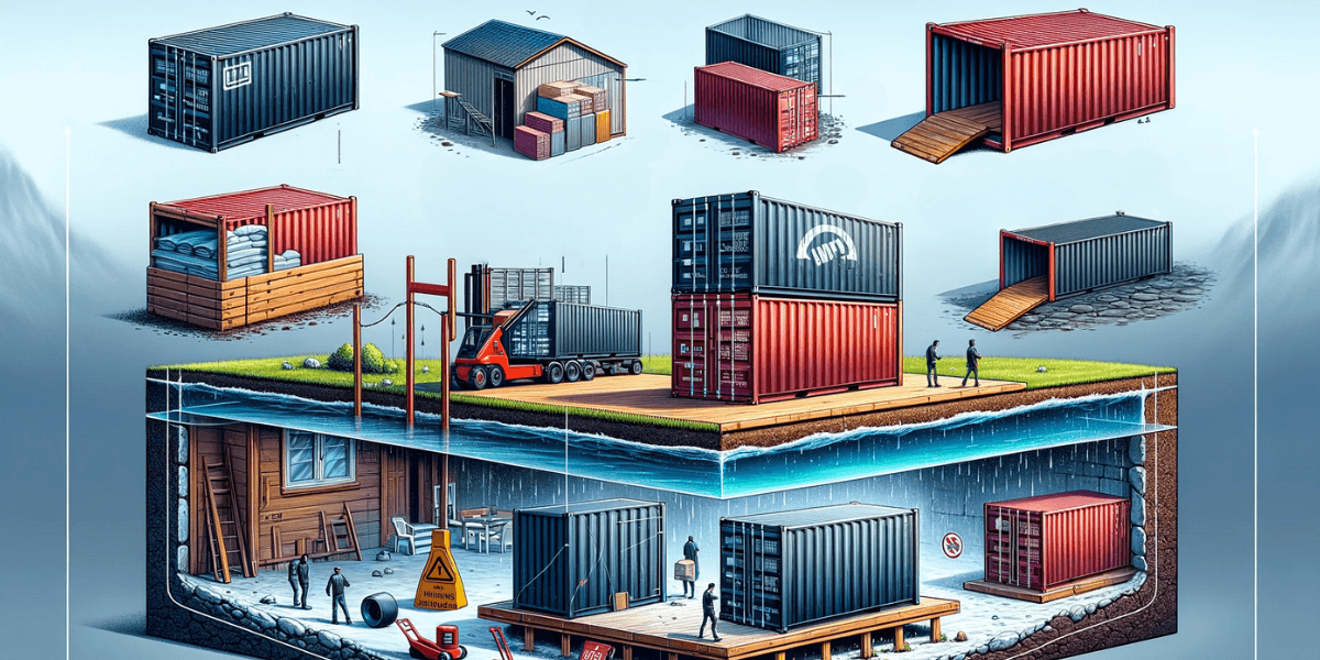 A diverse scene depicting storage containers in multiple scenarios: one elevated off the ground on supports, another with waterproof coatings, a half-buried container, a comparison between shipping and storage containers, a scale indicating container weight, and a person moving a container with basic tools. Set outdoors, the image emphasizes the versatility of storage containers in different settings